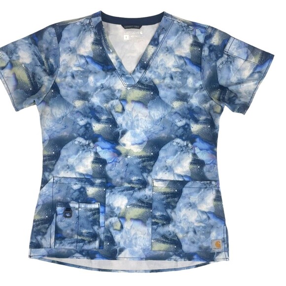 Carhartt Force Cross-Flex Modern Fit SS Scrub Top Blue Watercolor Indigo Flow S - Picture 1 of 12